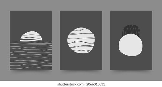 Abstract geometric hand drawn shapes set in mid century style. Sunset at sea, eclipse. Boho design for wall decoration, poster, print, cover, wallpaper. Minimal dark wall art. Vector illustration.