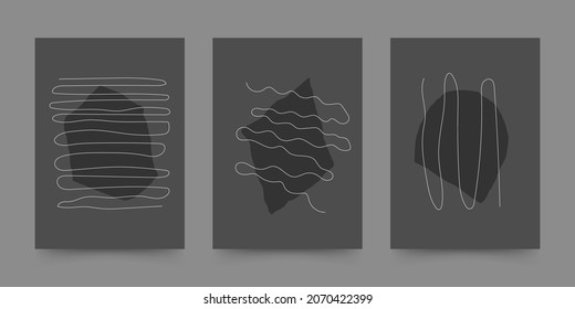 Abstract geometric hand drawn shapes set with curved lines in mid century style. Boho design for wall decoration, poster, print, cover, wallpaper. Minimal dark wall art. Vector illustration.