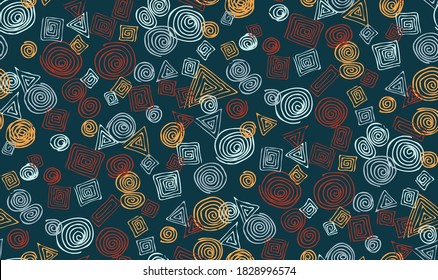 Abstract geometric hand-drawn seamless pattern of randomly scattered spiral circles, triangles and squares. Vector doodle background.