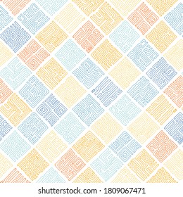 Abstract geometric hand-drawn squares seamless pattern. Vector doodle background.