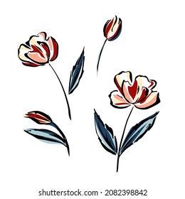 Abstract geometric handmade flower and leaves. Botanical objects for flower design. Sketchy drawing with black outlines and red pink blue  strokes. Modern style. Vector illustration isolated on white