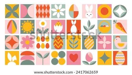 Abstract geometric Happy Easter background. Icon with holiday symbols. Stylized bunny, egg, ear, flowers chicken. Trendy contemporary design for banner, card, poster, packaging, advertising, cover.