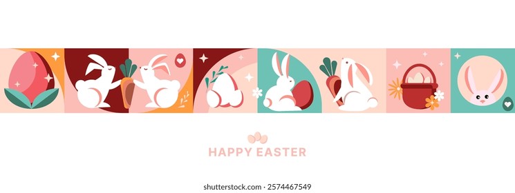 Abstract geometric Happy Easter decorated border pattern card, banner, packaging, advertising, print. Easter eggs, Bunnies, abstract flowers icons in abstract vintage style. Vector illustration