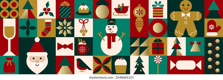 Abstract geometric Happy New Year banner. Icon with holiday symbols. Stylized snowman, fir, gift, toy, food. Design for background, wallpaper, advertising, cover. Bauhaus style. Christmas concept