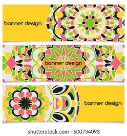 Abstract geometric header vector background with mandala. Set of vector banners with abstract geometric colored shapes. Ethnic pattern cards set.
