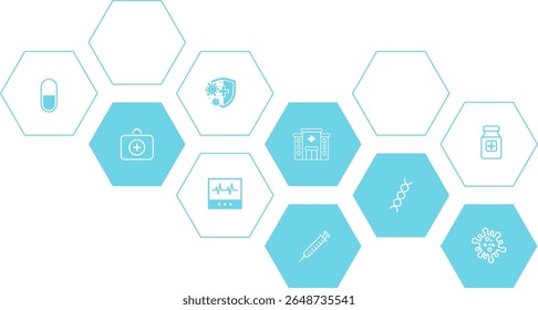 Abstract geometric health care background with hexagon shapes for medicine, science, chemistry. Medical background with flat icons and symbols