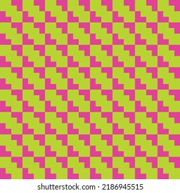 Grünes Zickzackmuster. Rosa Herzen. Quadratische Elemente. Nahtloses Muster. rosafarbene, abstrakte Vektorgrafik.