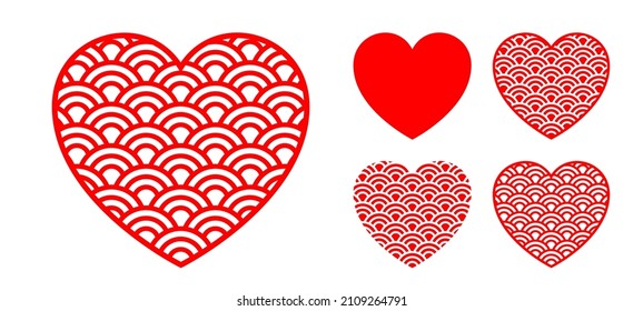 Abstract Geometric Heart Contour Filled Chinese Wave Pattern Texture With Border. Love Icon Vector Design Elements For Print And Decoration Design. Creative Concept For Valentine's Day