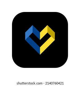 Abstract geometric heart in the national colors of the flag of Ukraine. Icon for use in applications of various gadgets. Flat minimal composition.
