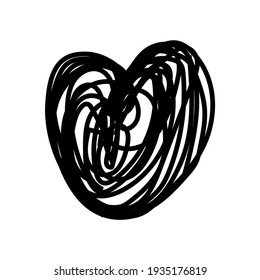 Abstract geometric heart shape in doodle or scribble style as a decorative element for contemporary trendy design. Isolated black silhouette, vector illustration.