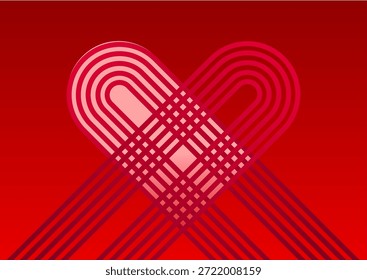 Forma geométrica Abstractas del corazón hecha de líneas sobre fondo rojo. Ilustración vectorial