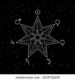 abstract geometric heptagram and seven planets on starry background