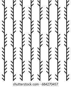 Abstract geometric herringbone pattern. Monoline fishbone background in black and white colors. Backdrop with vertical pine tree-like stripes. Vector seamless repeat.