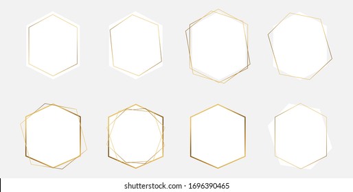 Abstract geometric hexagon frame. Set of vector gold polygonal frames. Wedding, holiday, save the date, invitation. Design template