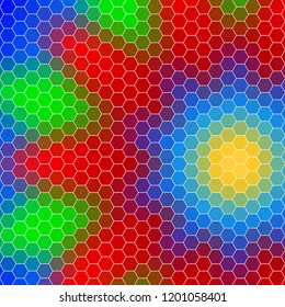 abstract geometric hexagon grid - background illustration from the shades of red, blue, cyan, green, yellow, and purple in the shape of a flower
