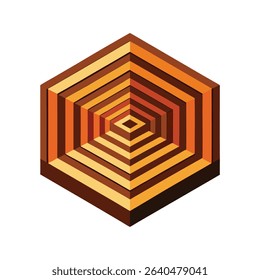 Abstract geometric hexagon with layers of orange brown and yellow creating a 3d effect