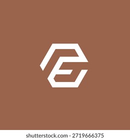 Abstraktes geometrisches Hexagon Buchstaben e Logo Emblem mit weißen Linien auf strukturiertem braunem Hintergrund, modernes und sauberes Design