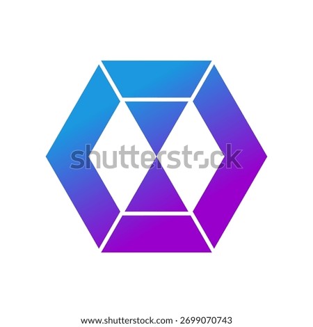 Abstract geometric hexagon logo with blue and purple gradient.
