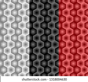 Abstract geometric hexagon seamless pattern from striped elements. Gray, black and red repeating ornaments. Vector art. No gradient. Part one
