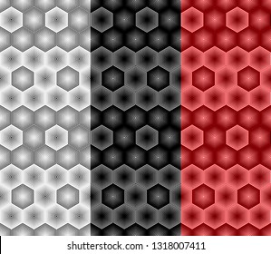 Abstract geometric hexagon seamless pattern from striped elements. Gray, black and red repeating ornaments. Vector art. No gradient. Part six