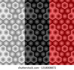 Abstract geometric hexagon seamless pattern from striped elements. Gray, black and red repeating ornaments. Vector art. No gradient. Part eight
