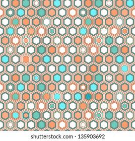 Abstract geometric hexagon seamless pattern in blue and orange, vector