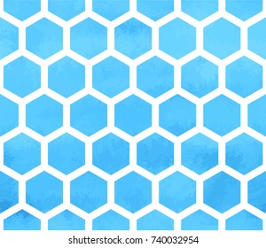 Abstract geometric hexagon seamless pattern background. Blue watercolor texture. Vector illustration.