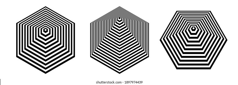 Abstrakte geometrische Sechseck-Formdesign-Elemente mit 3D-Täuschungseffekt. Vektorkunst.