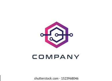 Abstract geometric hexagon technology logo design vector template with network connection line
