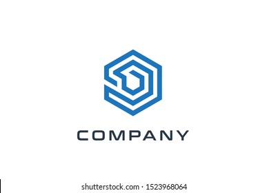 Abstract geometric hexagon technology logo design vector template with network connection line