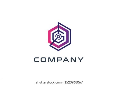 Abstract geometric hexagon technology logo design vector template with network connection line