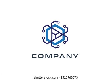 Abstract geometric hexagon technology logo design vector template with network connection line