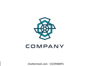 Abstract geometric hexagon technology logo design vector template with network connection line