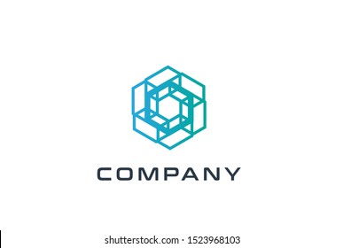 Abstract geometric hexagon technology logo design vector template with network connection line