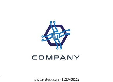 Abstract geometric hexagon technology logo design vector template with network connection line