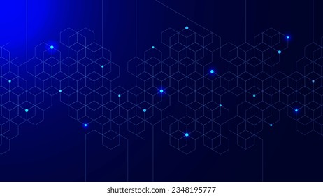 Resumen geométrico con tecnología de bloques digitales hexagonales con partículas brillantes. Fondo del concepto de negocio global de conexión de red. Ilustración vectorial.