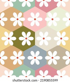 Resumen Hexagones geométricos Flores de margarita retro Colores pasteles Patrón sin inconvenientes Concepto dulce mínimo Perfecto para la impresión de tela de alamante o envolver papel suave de color verde rosa