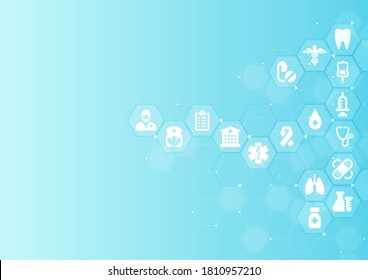 Resumen de la forma de los hexágonos geométricos con iconos de la medicina, antecedentes del concepto de medicina y ciencia