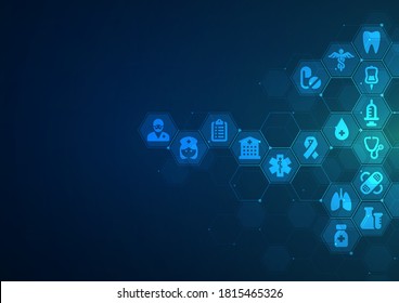 Abstrakte geometrische Hexagons mit Symbolen aus der Medizin, Medizin und Wissenschaftskonzept, Hintergrund