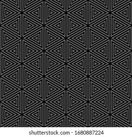 Abstract geometric hexagons and triangles pattern. Black texture on dark grey background. Vector art.