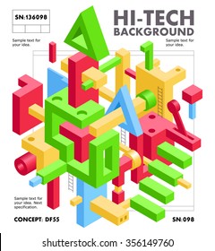 Abstract Geometric Hi-Tech Background with Colorful 3D Objects on White. Modern Art Vector Concept. Mix of Geometric Shapes in Funky Techno Style