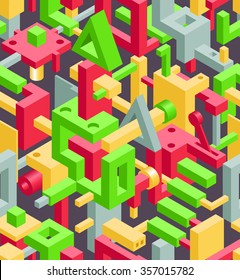 Abstract Geometric Hi-Tech Background with Colorful 3D Objects on Black. Modern Art Vector Concept. Mix of Geometric Cube Shapes in Funky Techno Style