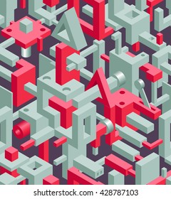 Abstract Geometric Hi-Tech Background with Gray and Red 3D Objects on Dark. Modern Art Vector Concept. Mix of Geometric Cube Shapes in Funky Techno Style