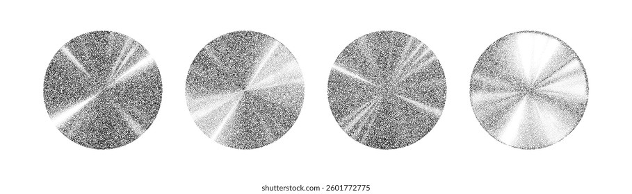 Abstract Geometric holographic Circle Designs in Gray and White. Aluminum Metallic Disks in Halftone  for graphic design. Grainy сollection in style y2k