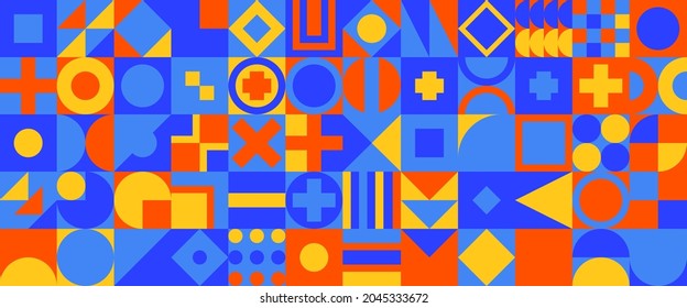 Abstract geometric horizontal background with colorful bauhaus shapes and forms. Contemporary retro art cubism style
