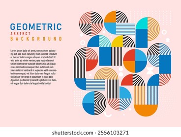 Abstract geometric horizontal background with many bright colors and white elements. On the left there is space to place text on a pink background designed for book covers, brochures, cards.