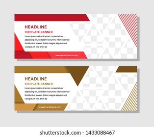 Abstract Geometric Horizontal Banner Template Layout Design. Cover, Catalog. Creative Modern Concept With Triangle Pattern For Photo Collage Space. Flat Red And Gold Color. Line Pattern On Right Side.