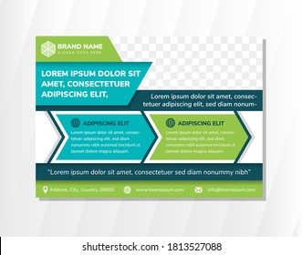 abstract geometric horizontal flyer use combination green, blue and white colors. space for photo on top left side. arrow shape design template. 