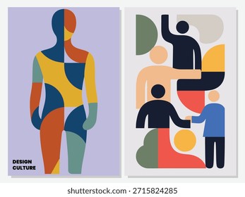 Abstractas figuras humanas geométricas y diversos carteles de interacción grupal en estilo de diseño minimalista moderno.