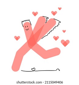 Abstract geometric human flying with love wings. Love, Valentine's Day card with hearts. Sketch vector illustration